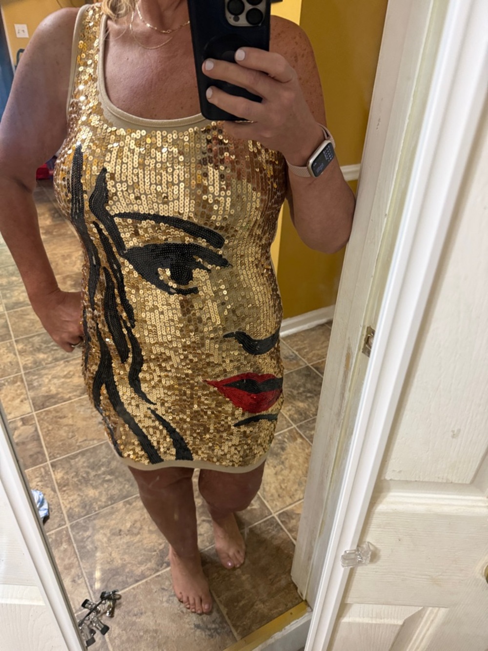 Cristina Love XL Gold Sequin Face Graphic Mini Dress Y2K Nude Tan